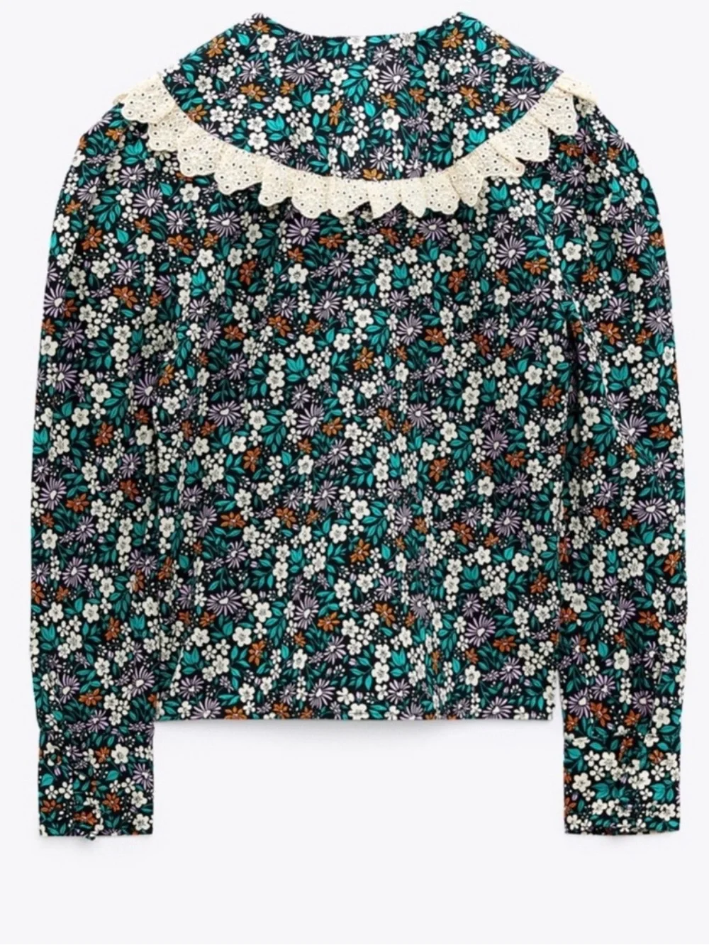 Zara Multicolored Floral Printed Lace Trim Collar Top Size S